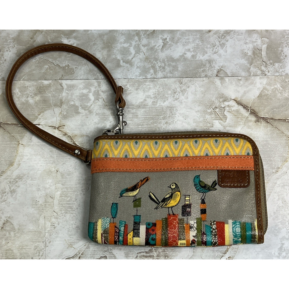Fossil Key-Per Wristlet Wallet Coated Canvas Birds Cityscape Colorful Accessory